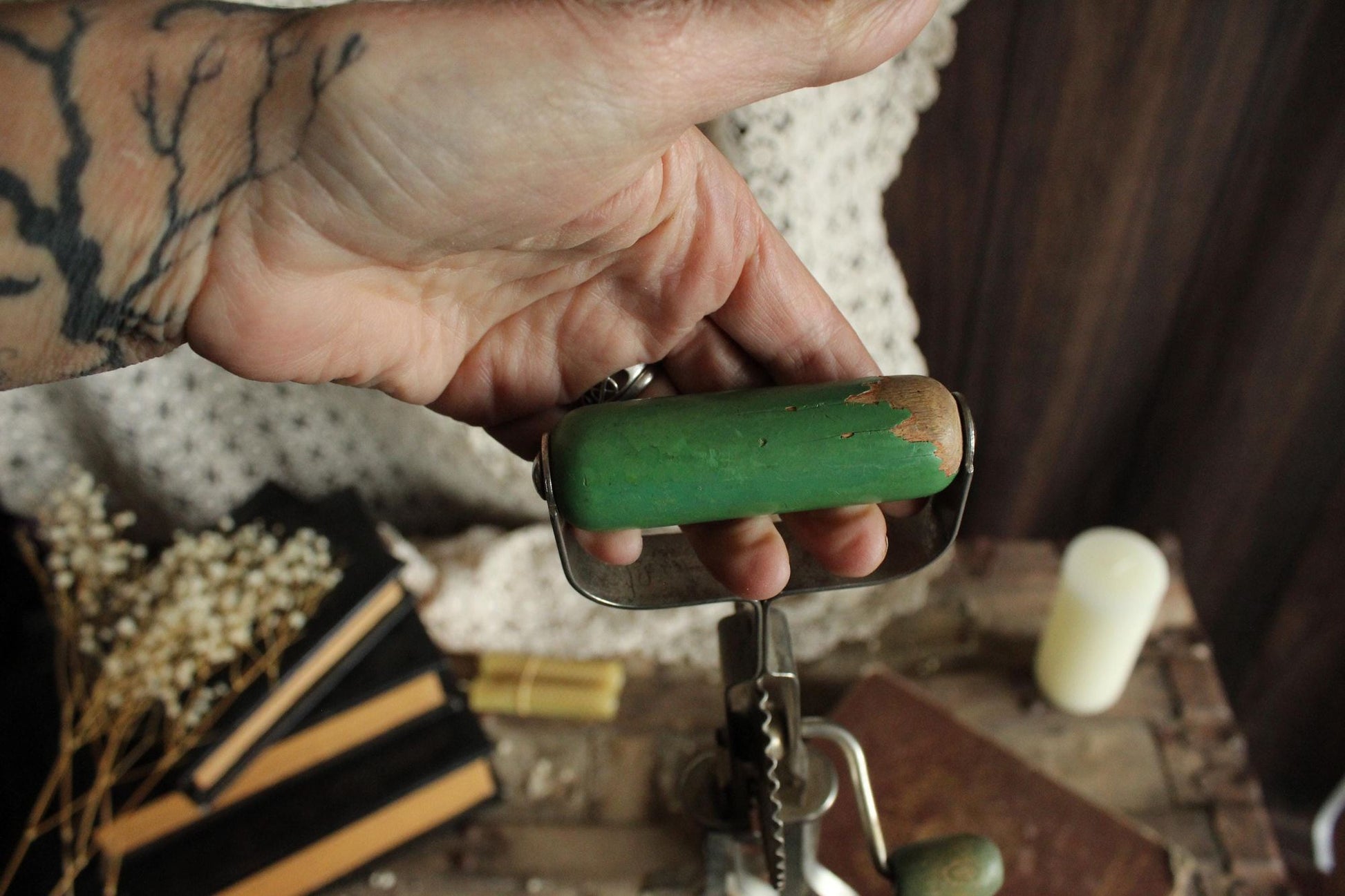 Vintage 1930s A&J Manual High Speed Egg Beater with Green Wood Handle