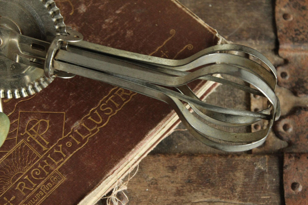 Vintage 1930s A&J Manual High Speed Egg Beater with Green Wood Handle