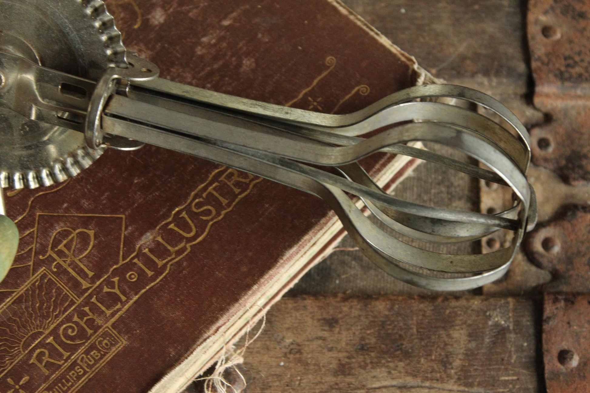 Vintage 1930s A&J Manual High Speed Egg Beater with Green Wood Handle