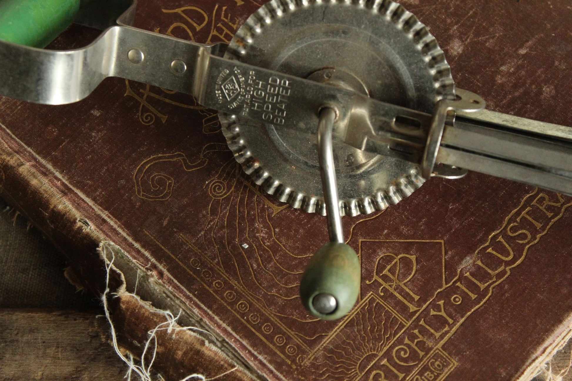 Vintage 1930s A&J Manual High Speed Egg Beater with Green Wood Handle