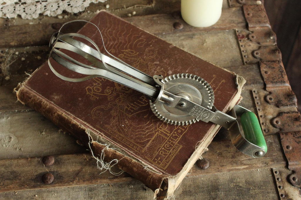Vintage 1930s A&J Manual High Speed Egg Beater with Green Wood Handle