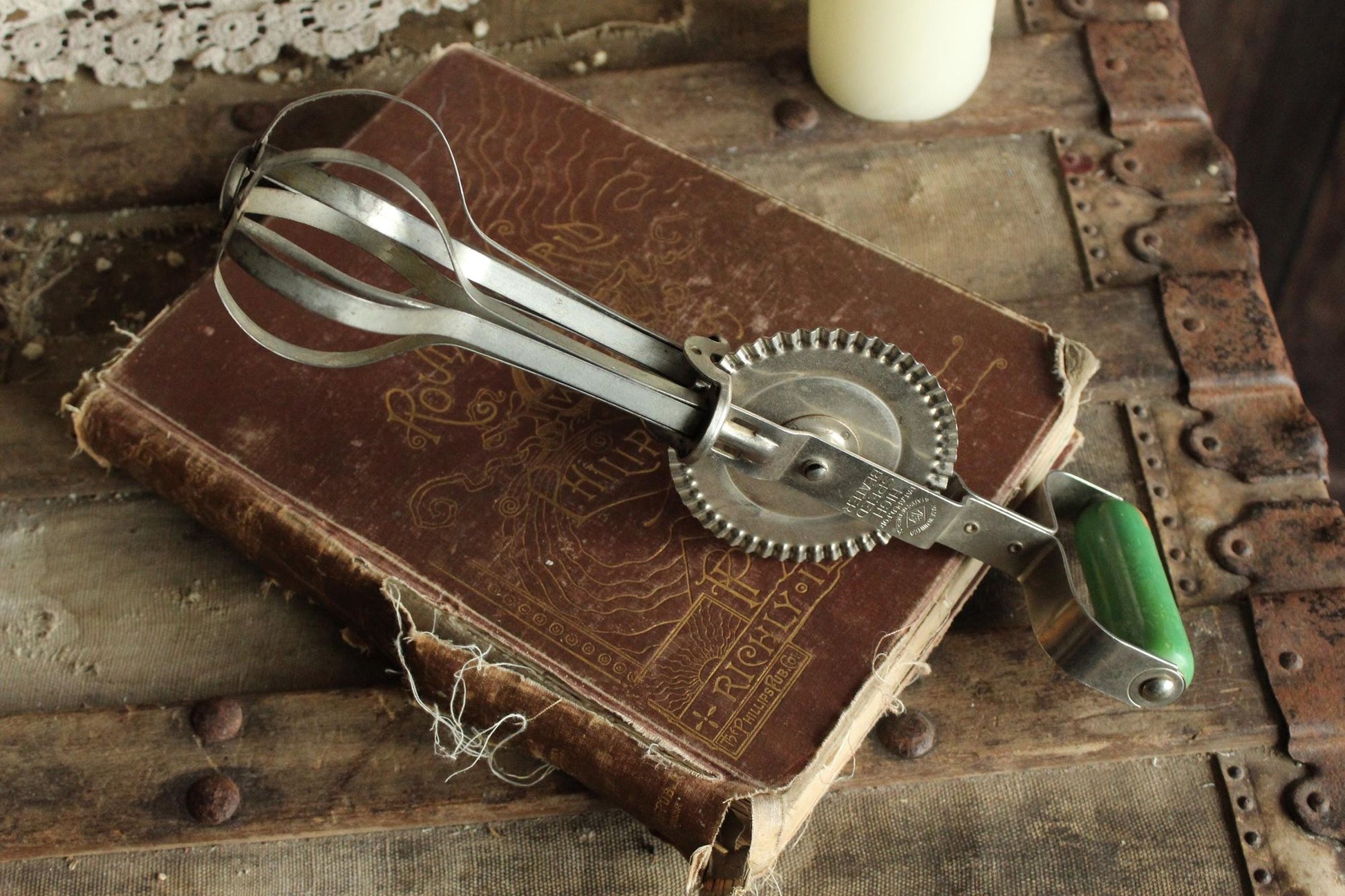 Vintage 1930s A&J Manual High Speed Egg Beater with Green Wood Handle