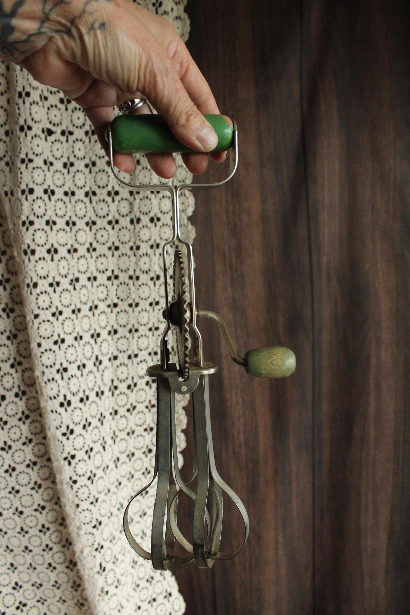 Vintage 1930s A&J Manual High Speed Egg Beater with Green Wood Handle