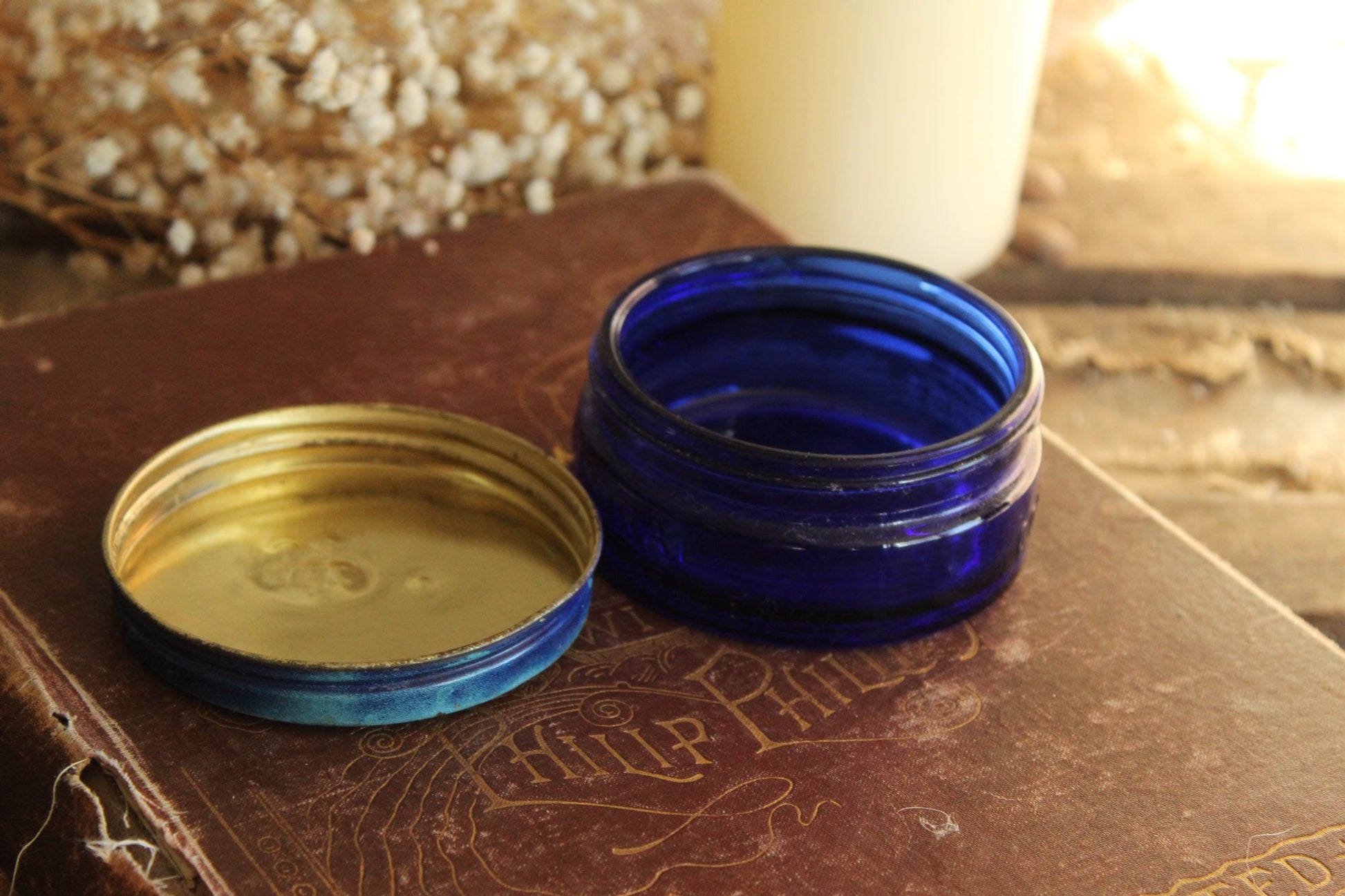 Vintage 1950s Cobalt Blue Glass Jar of Blue Coral Sealer