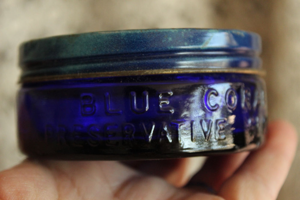 Vintage 1950s Cobalt Blue Glass Jar of Blue Coral Sealer