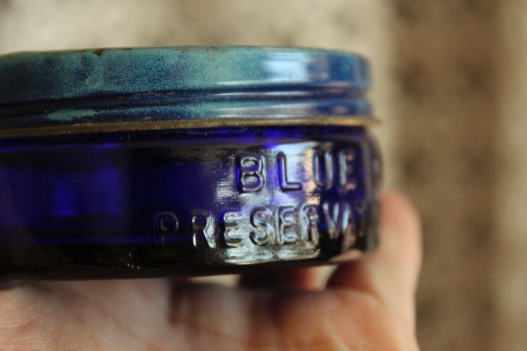 Vintage 1950s Cobalt Blue Glass Jar of Blue Coral Sealer