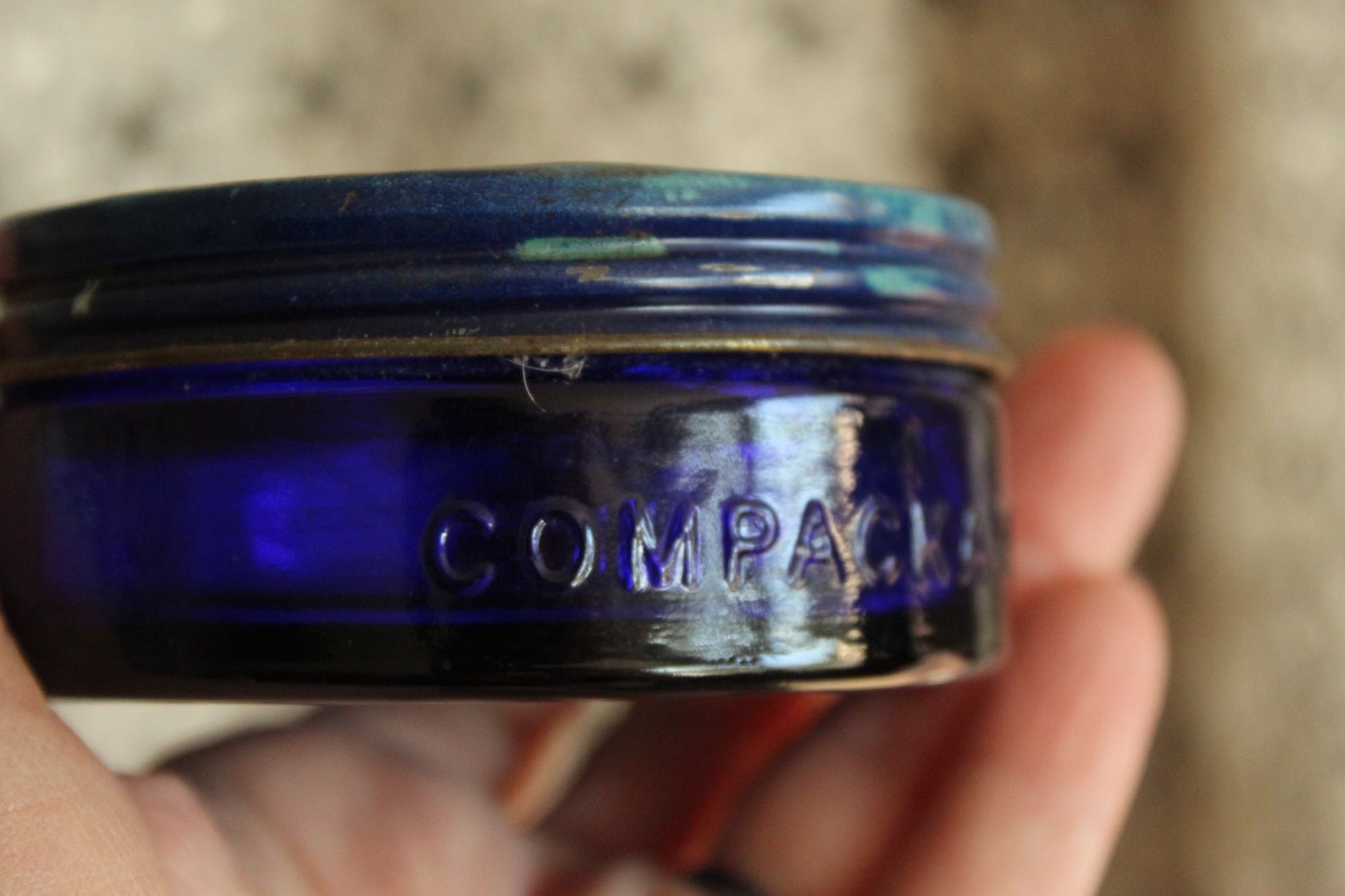 Vintage 1950s Cobalt Blue Glass Jar of Blue Coral Sealer