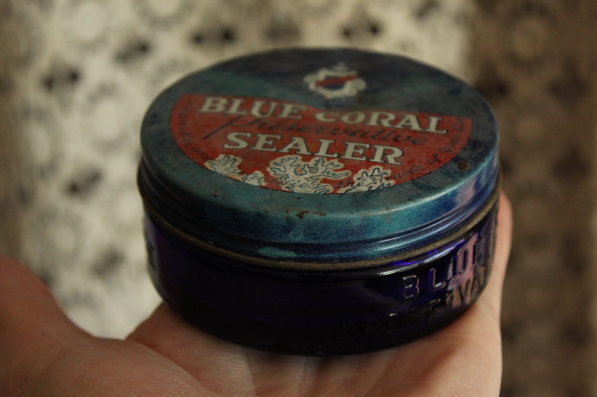 Vintage 1950s Cobalt Blue Glass Jar of Blue Coral Sealer