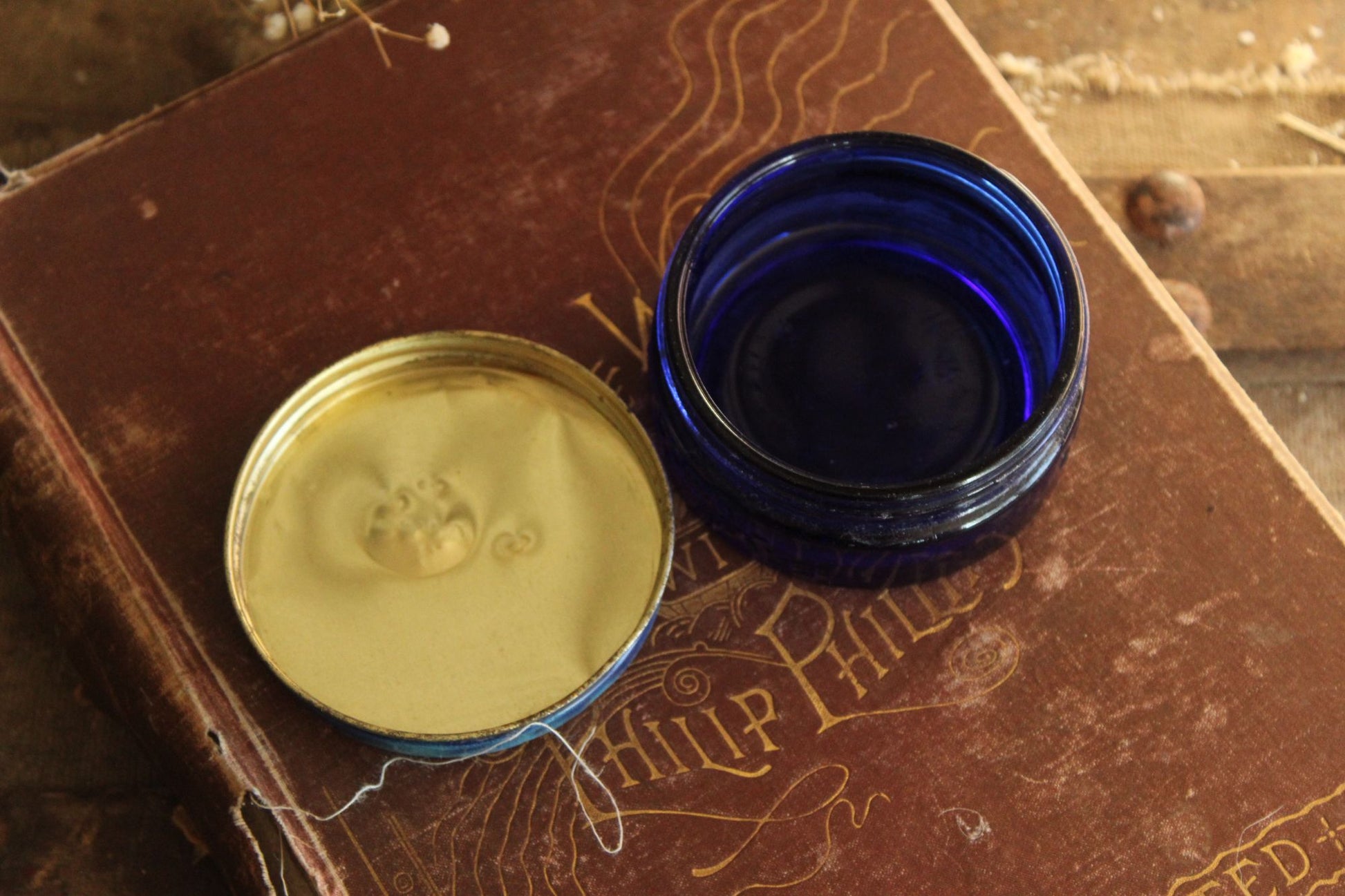 Vintage 1950s Cobalt Blue Glass Jar of Blue Coral Sealer