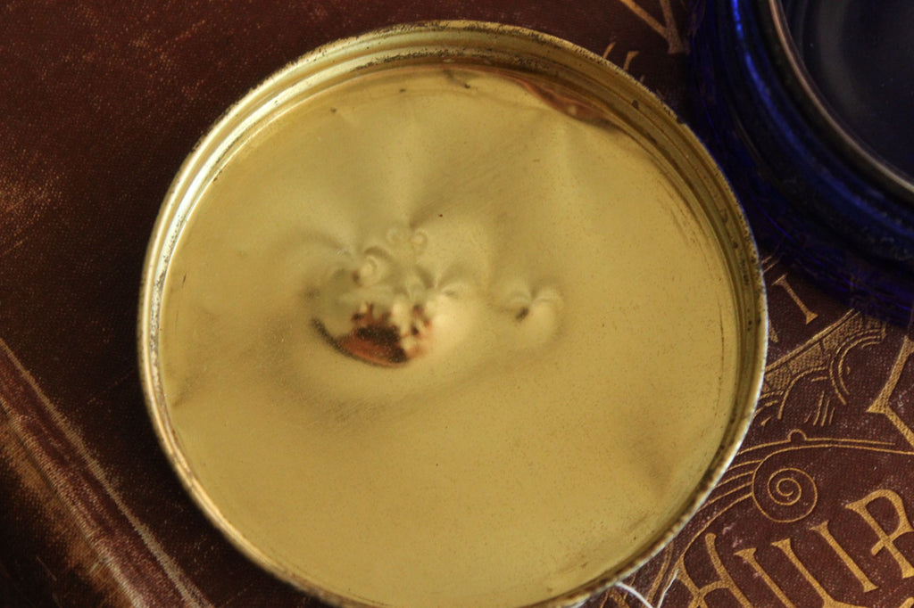 Vintage 1950s Cobalt Blue Glass Jar of Blue Coral Sealer