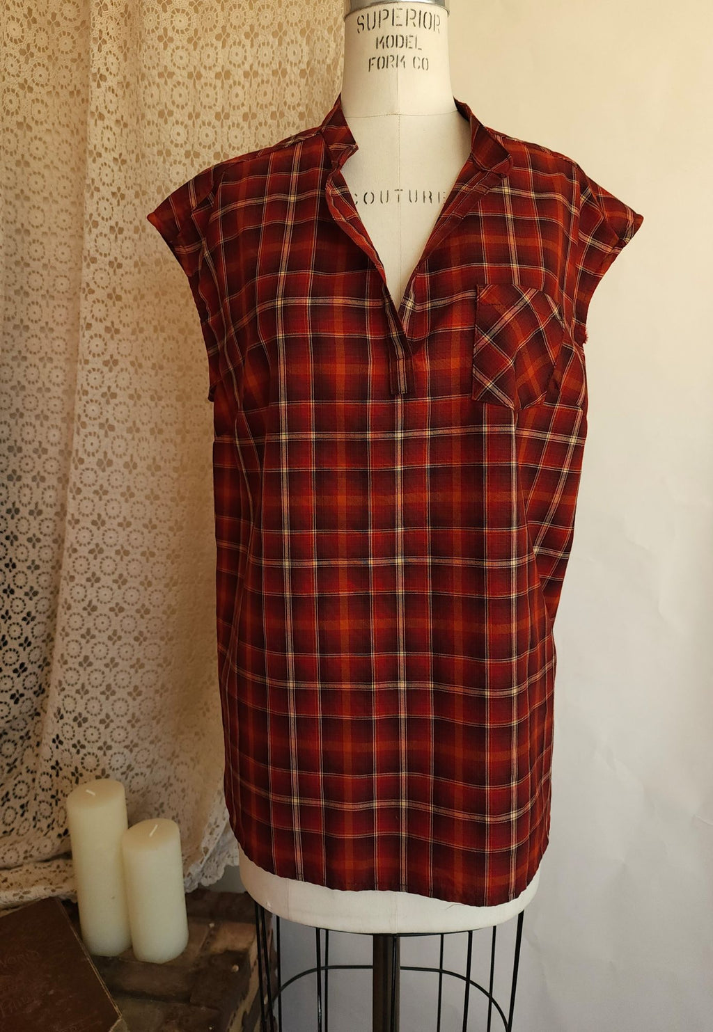Pendleton Plaid Button-Back Tunic Blouse Red Cap Sleeve Top Size L