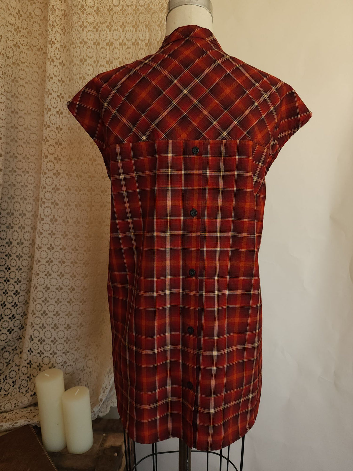 Pendleton Plaid Button-Back Tunic Blouse Red Cap Sleeve Top Size L