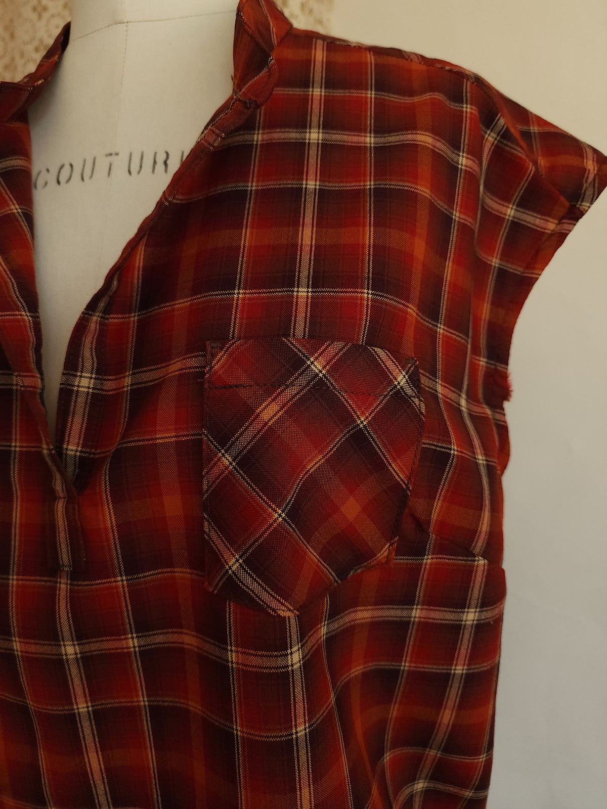 Pendleton Plaid Button-Back Tunic Blouse Red Cap Sleeve Top Size L