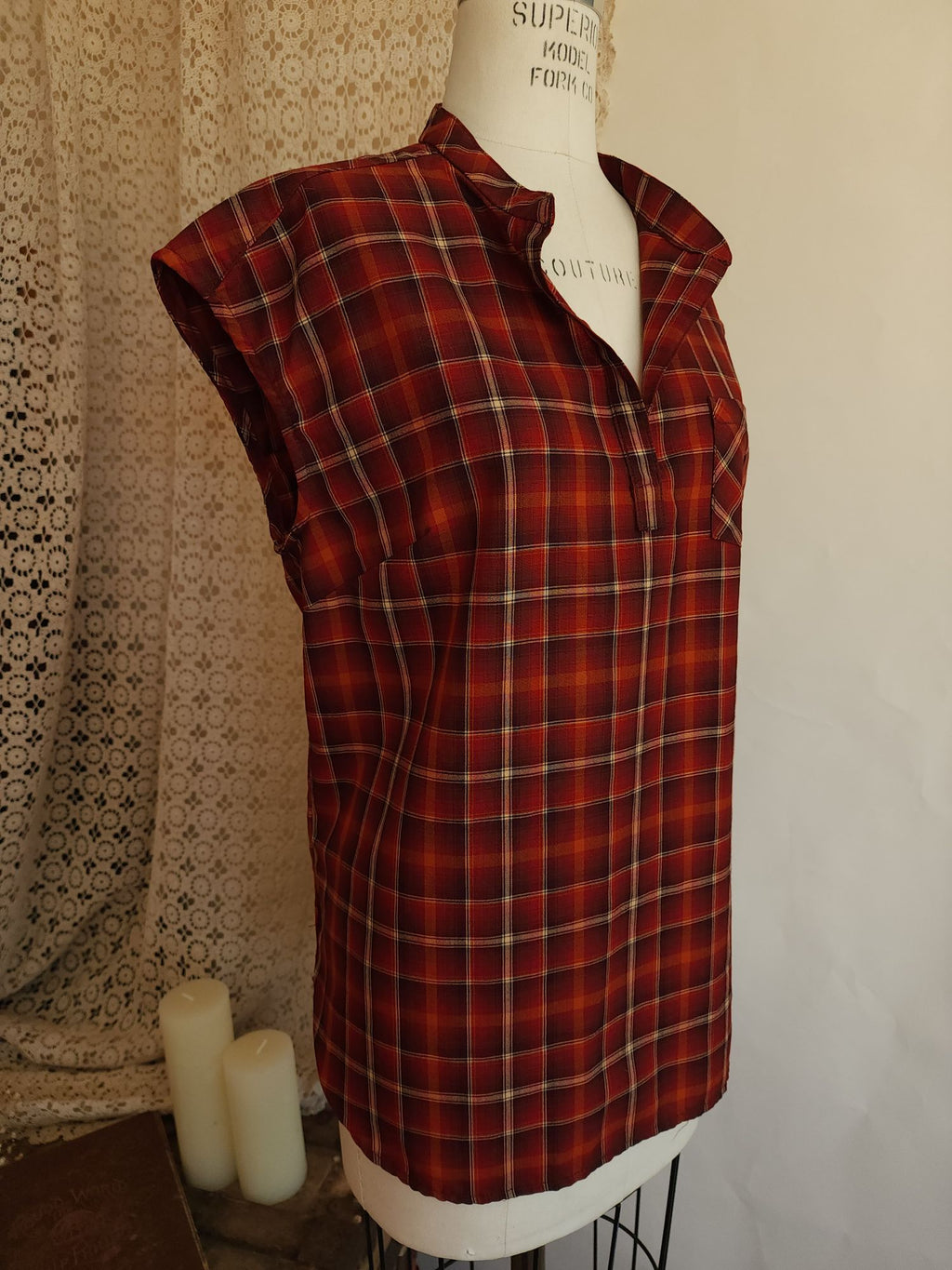 Pendleton Plaid Button-Back Tunic Blouse Red Cap Sleeve Top Size L