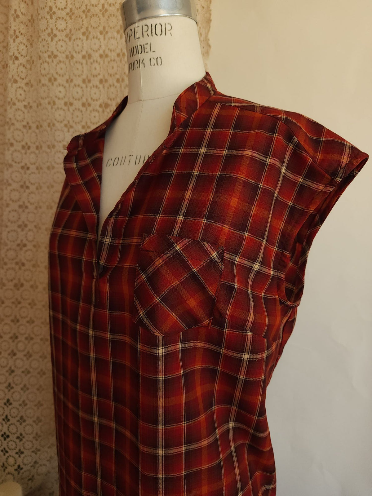 Pendleton Plaid Button-Back Tunic Blouse Red Cap Sleeve Top Size L