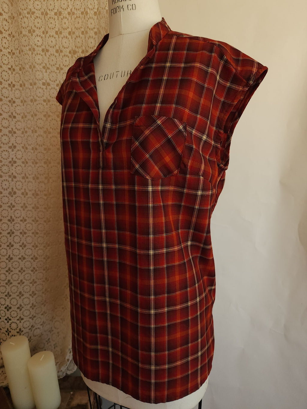 Pendleton Plaid Button-Back Tunic Blouse Red Cap Sleeve Top Size L