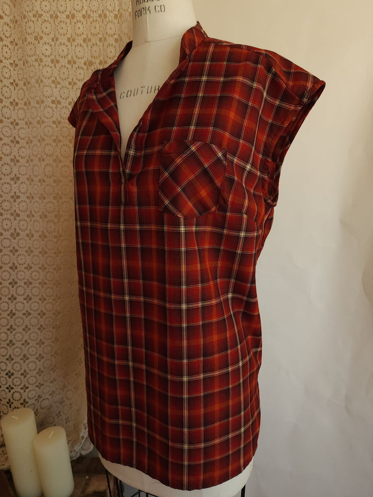 Pendleton Plaid Button-Back Tunic Blouse Red Cap Sleeve Top Size L