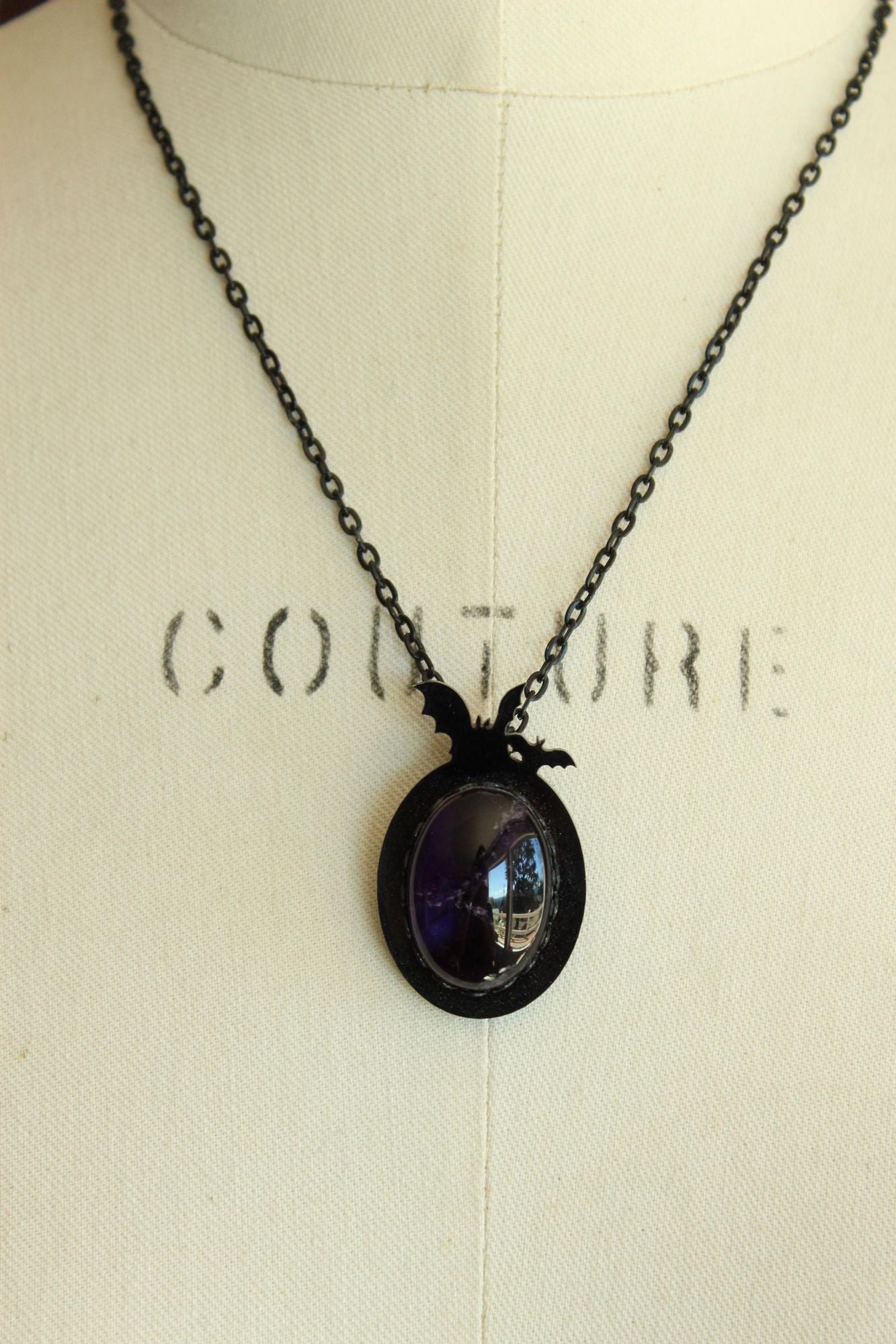 Gothic Bat Cameo Necklace with Purple Amethyst