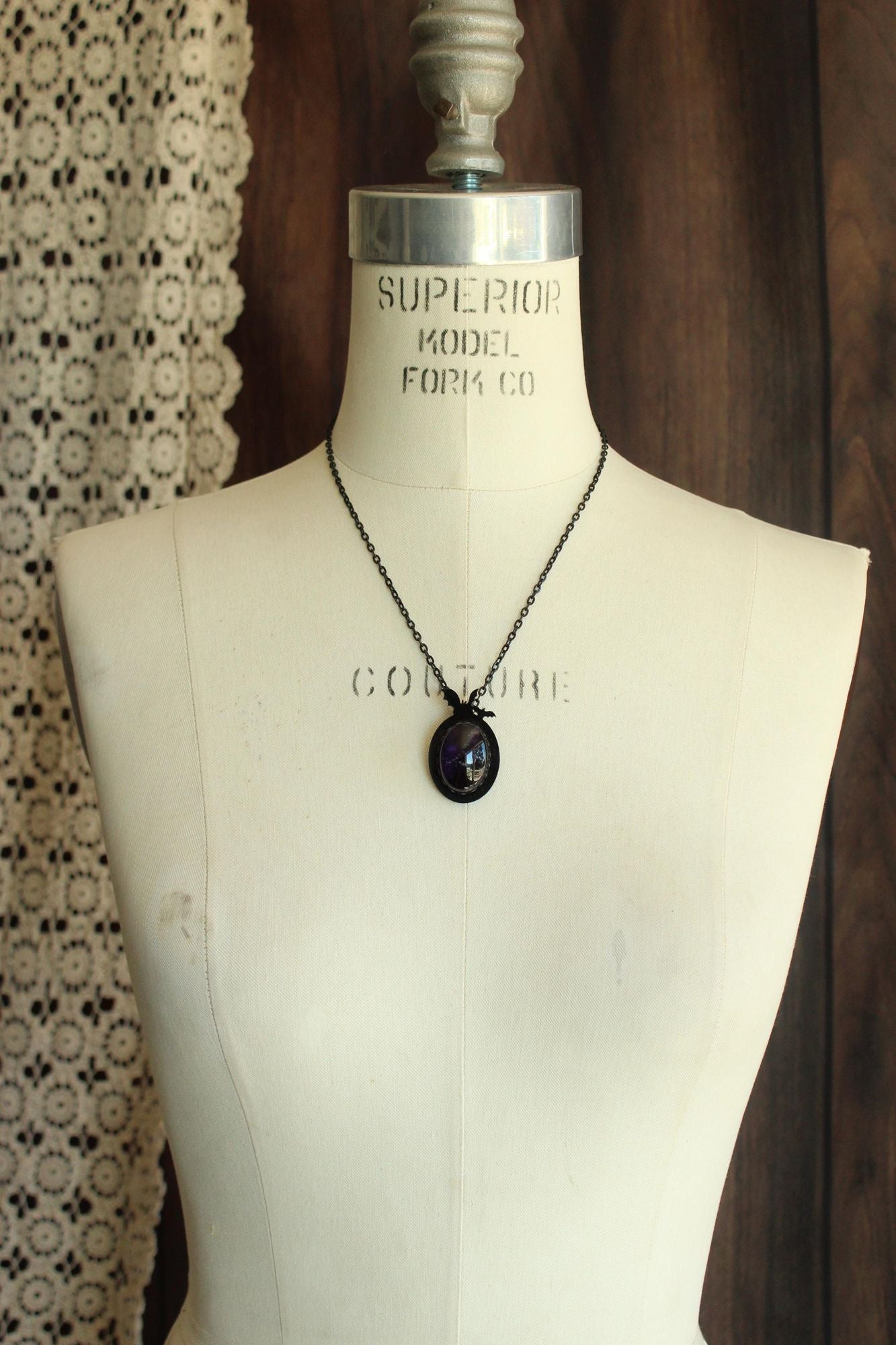 Gothic Bat Cameo Necklace with Purple Amethyst