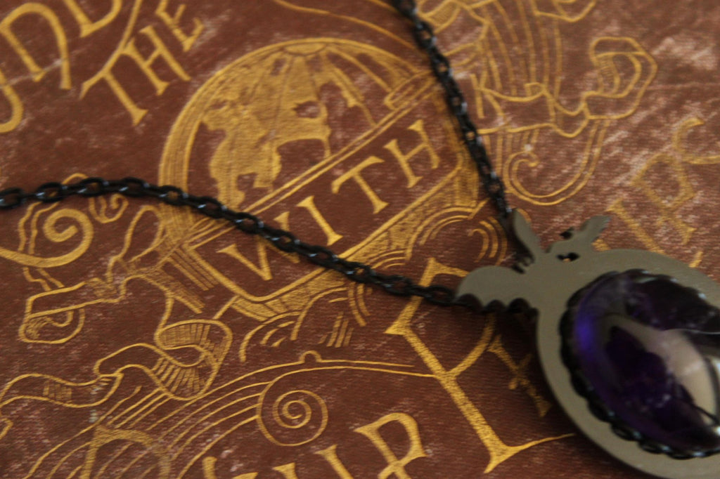Gothic Bat Cameo Necklace with Purple Amethyst