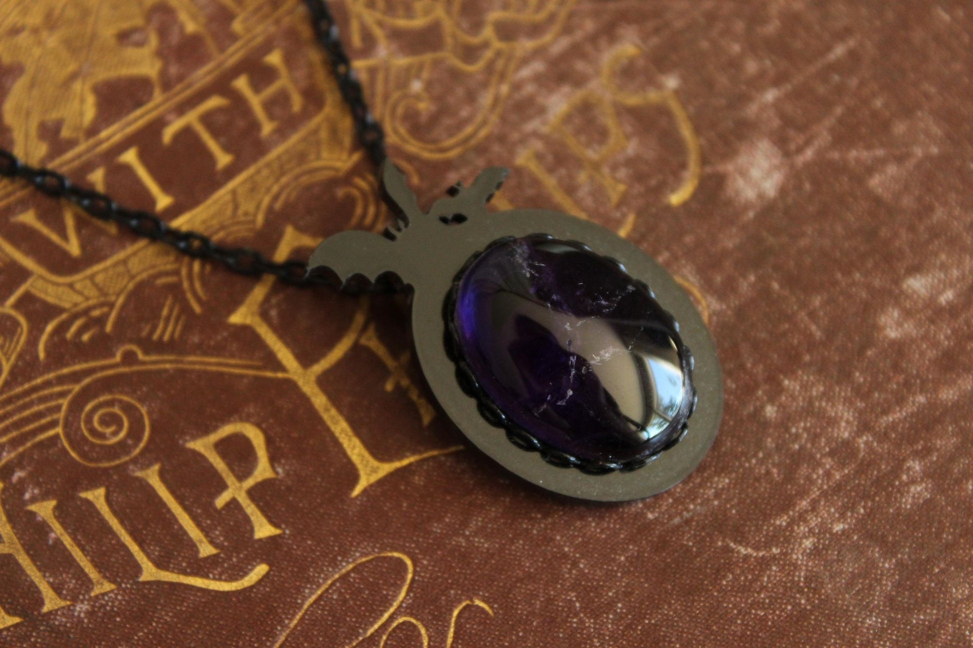 Gothic Bat Cameo Necklace with Purple Amethyst