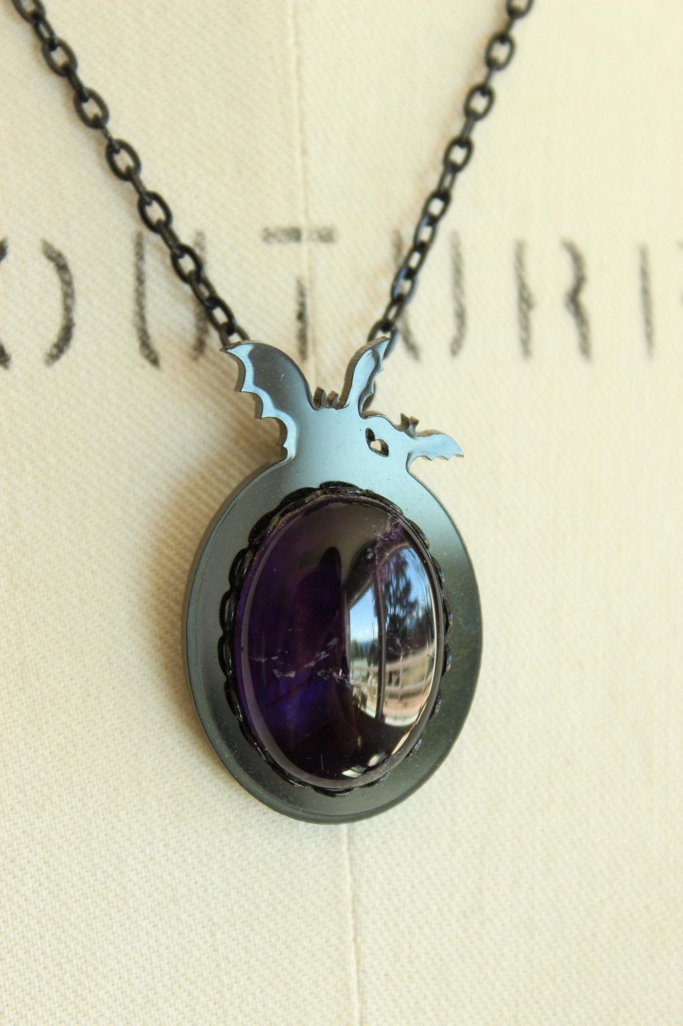 Gothic Bat Cameo Necklace with Purple Amethyst