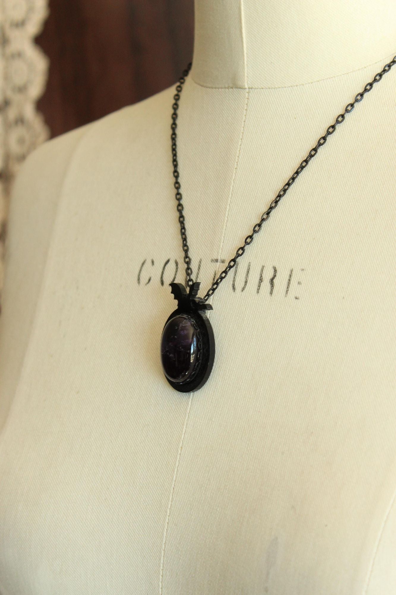 Gothic Bat Cameo Necklace with Purple Amethyst