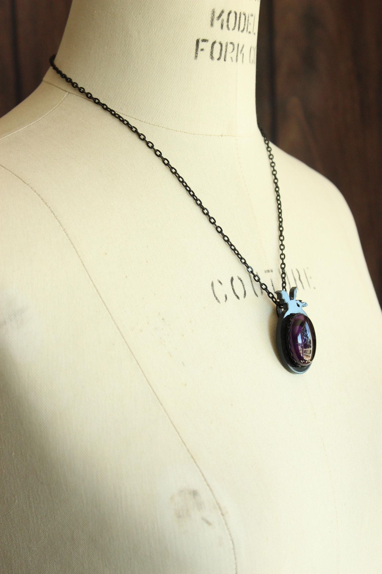 Gothic Bat Cameo Necklace with Purple Amethyst