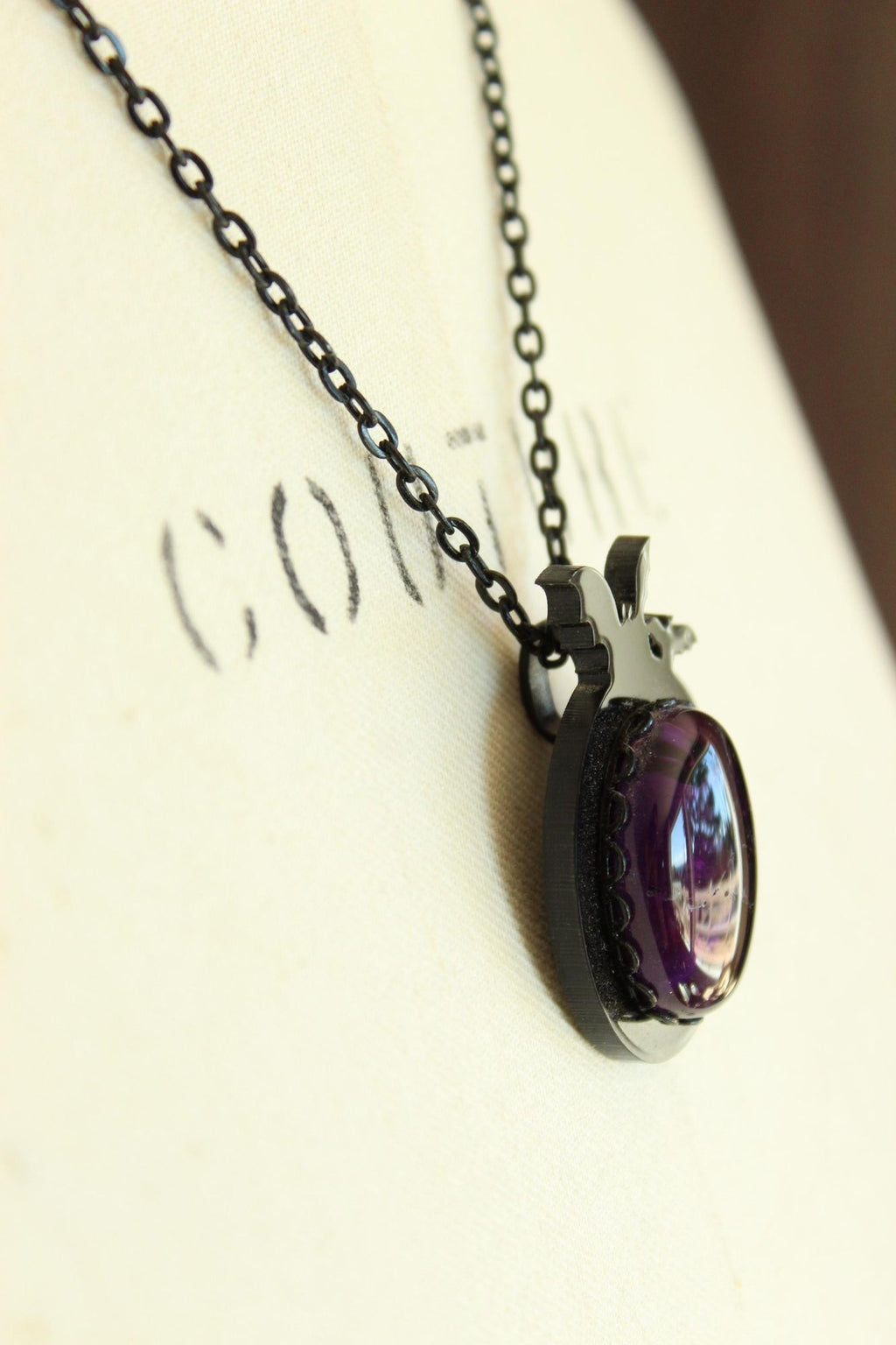Gothic Bat Cameo Necklace with Purple Amethyst