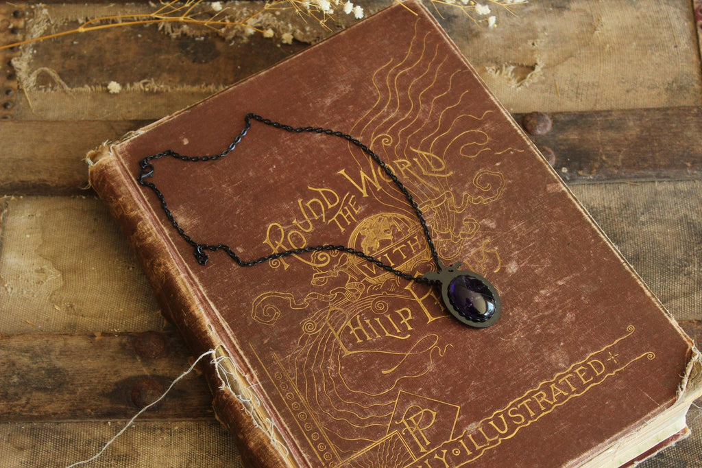 Gothic Bat Cameo Necklace with Purple Amethyst
