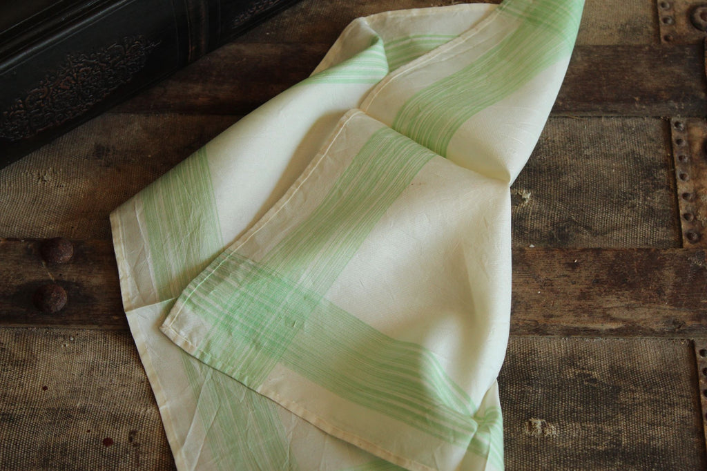 Vintage 1950s Handkerchief in Cream with Green Stripes