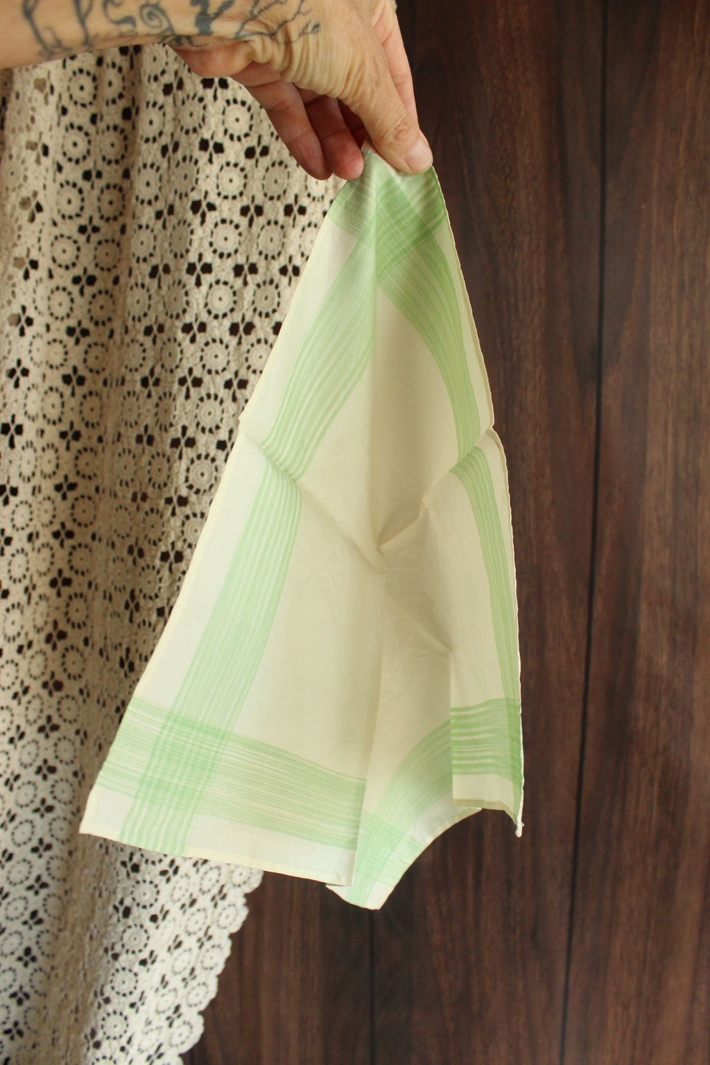Vintage 1950s Handkerchief in Cream with Green Stripes