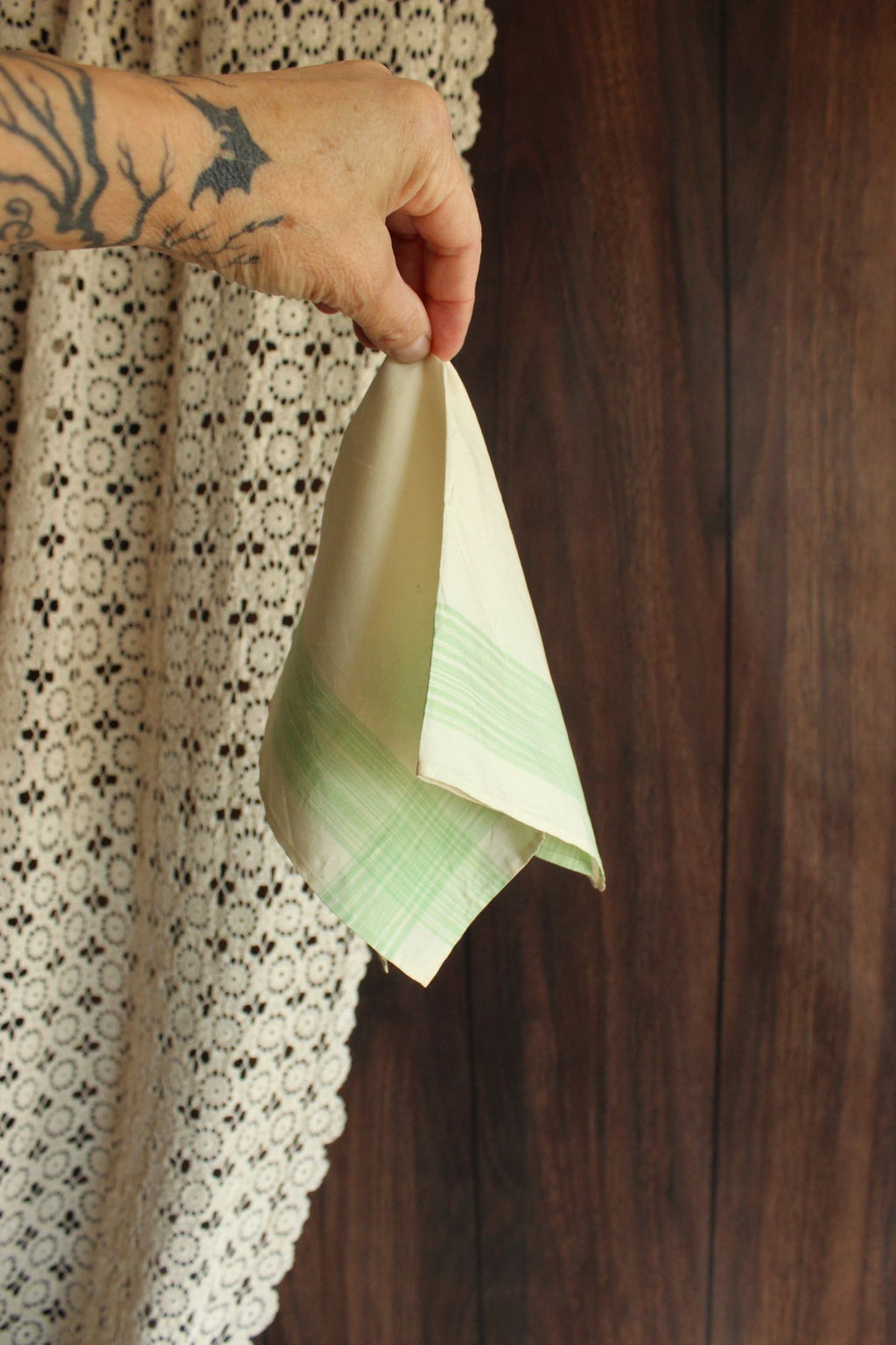 Vintage 1950s Handkerchief in Cream with Green Stripes