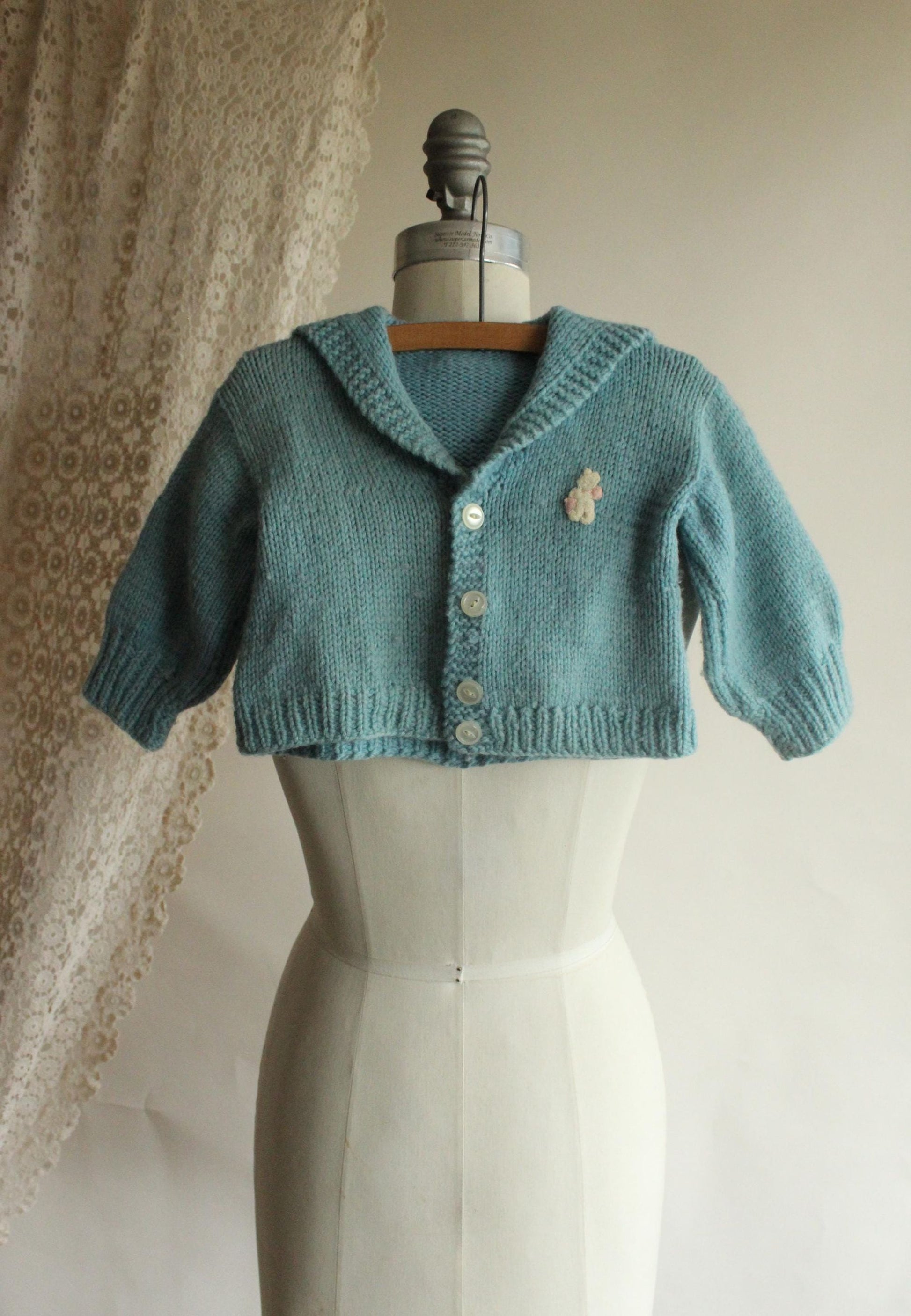 Vintage 1950s Blue Baby Knit Cardigan with Teddy Bear Applique