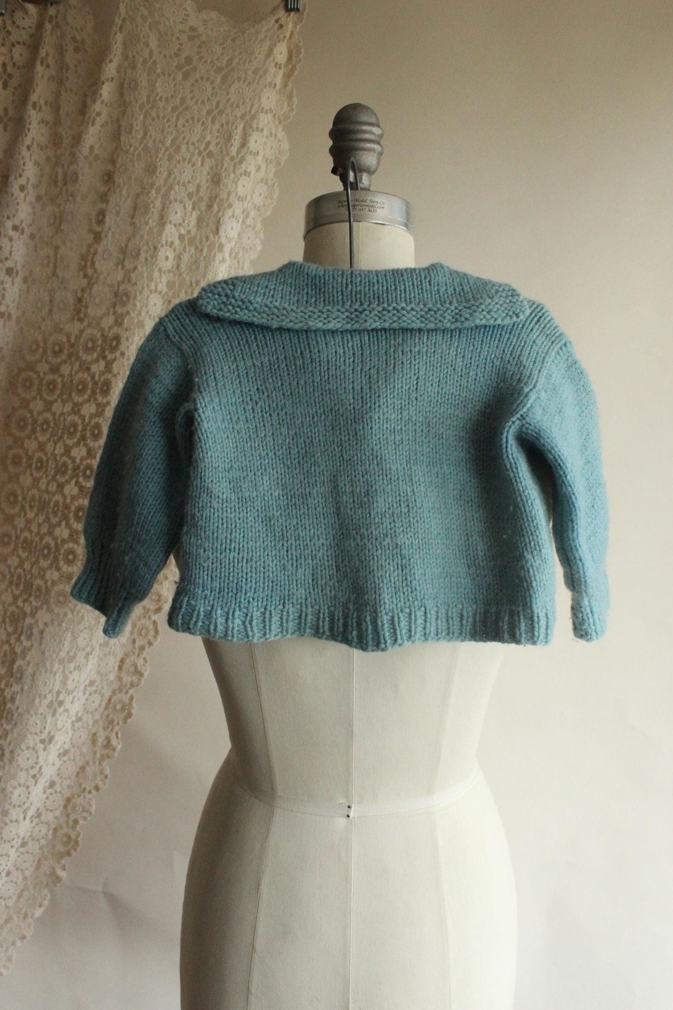 Vintage 1950s Blue Baby Knit Cardigan with Teddy Bear Applique