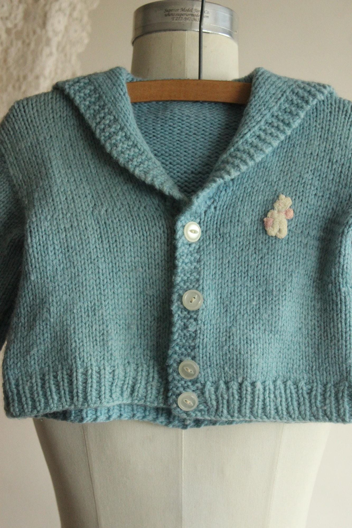 Vintage 1950s Blue Baby Knit Cardigan with Teddy Bear Applique