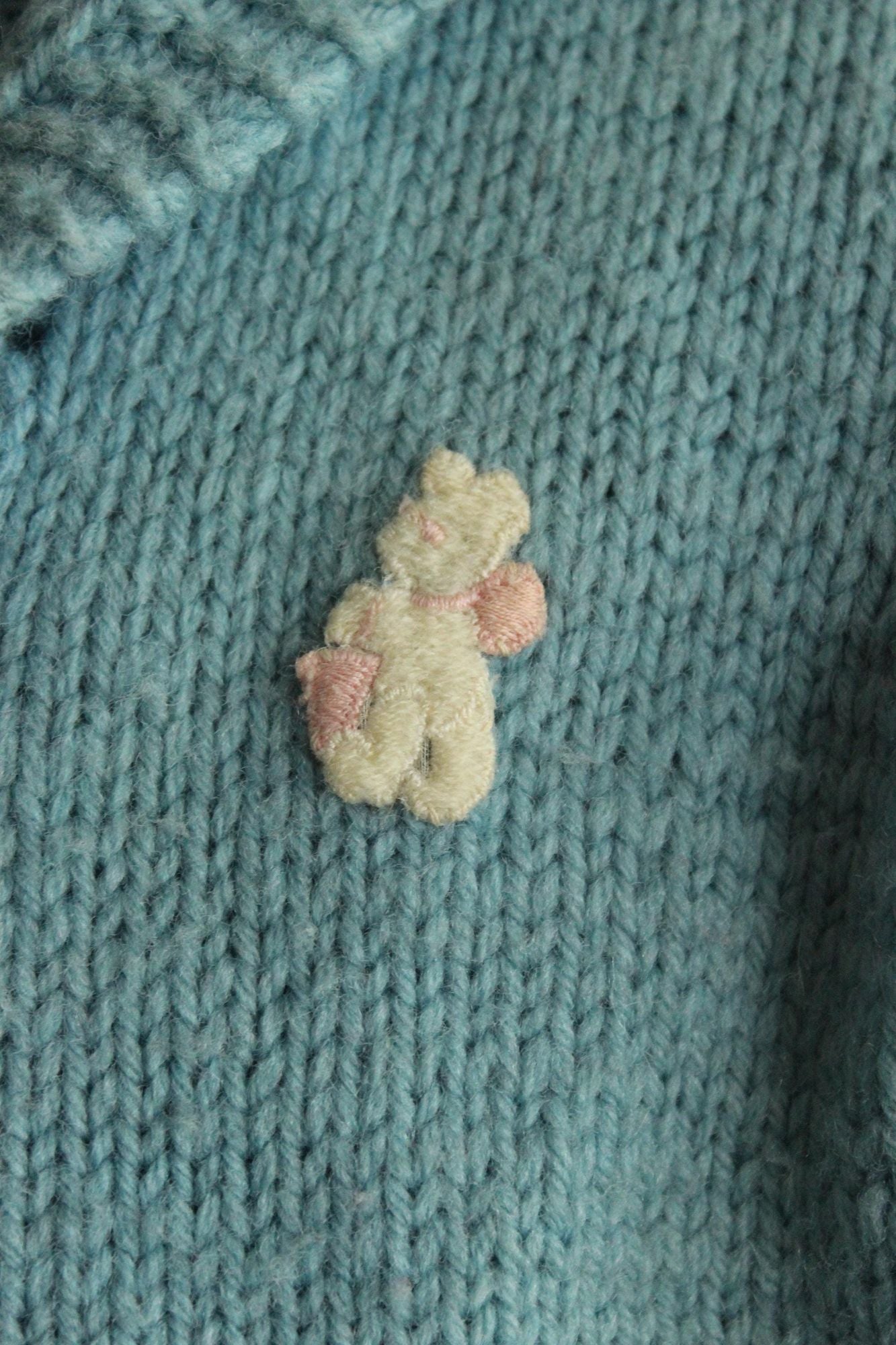 Vintage 1950s Blue Baby Knit Cardigan with Teddy Bear Applique