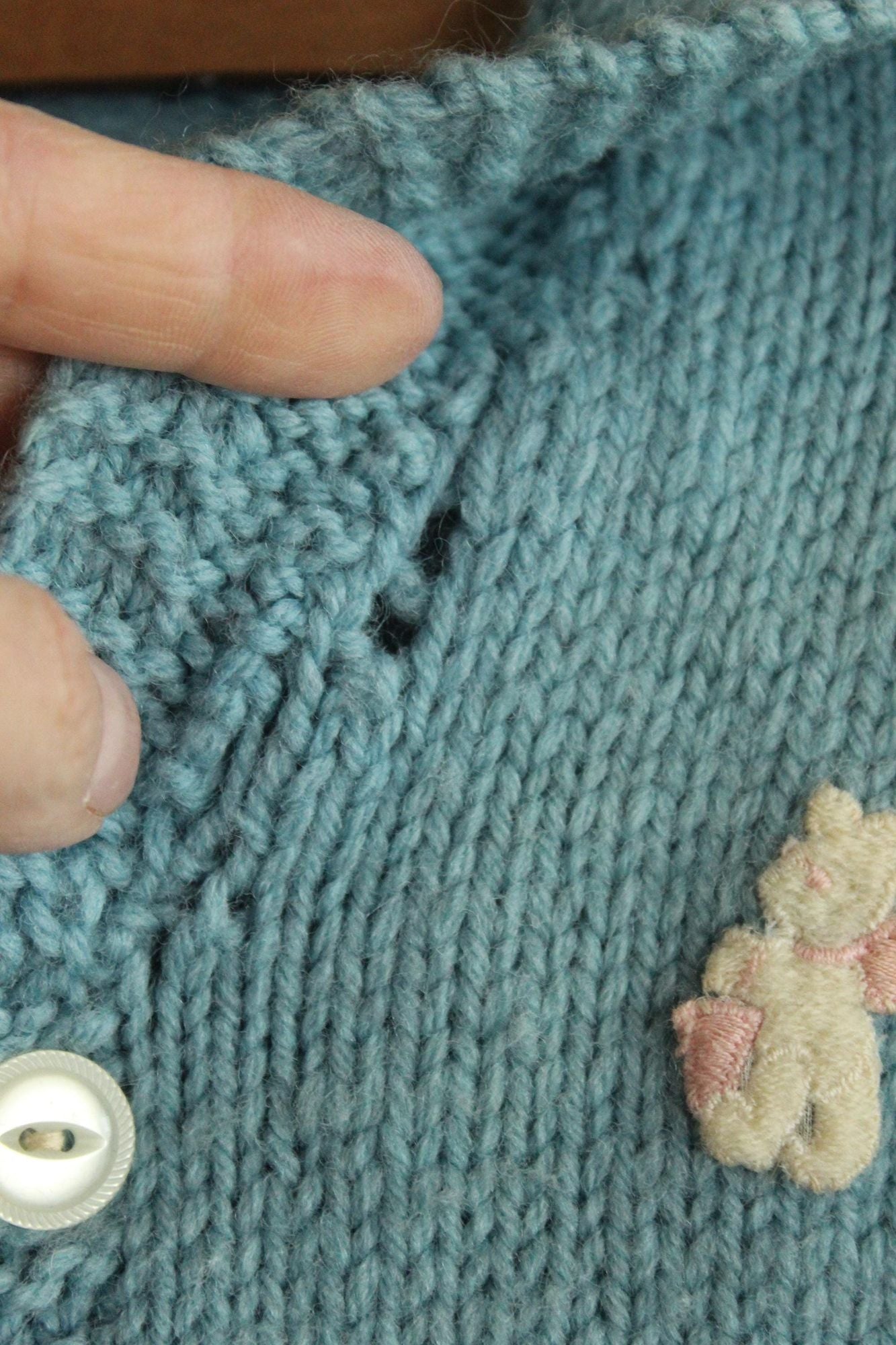 Vintage 1950s Blue Baby Knit Cardigan with Teddy Bear Applique