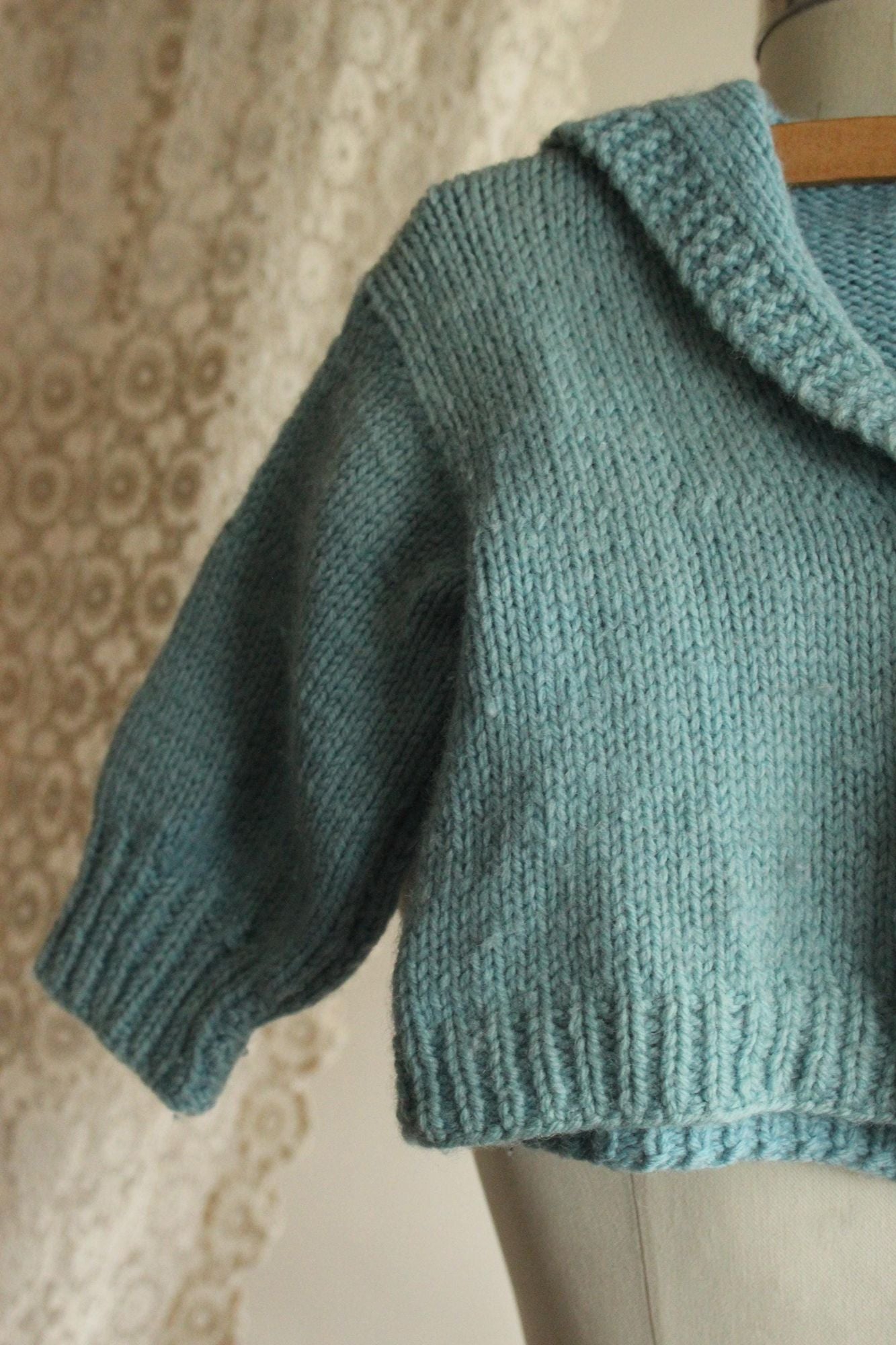 Vintage 1950s Blue Baby Knit Cardigan with Teddy Bear Applique