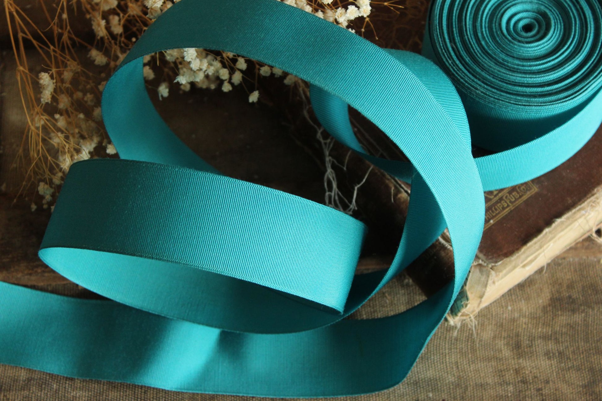 Vintage Teal Blue Grosgrain Ribbon Trim 1.5" Wide, 2 Yards