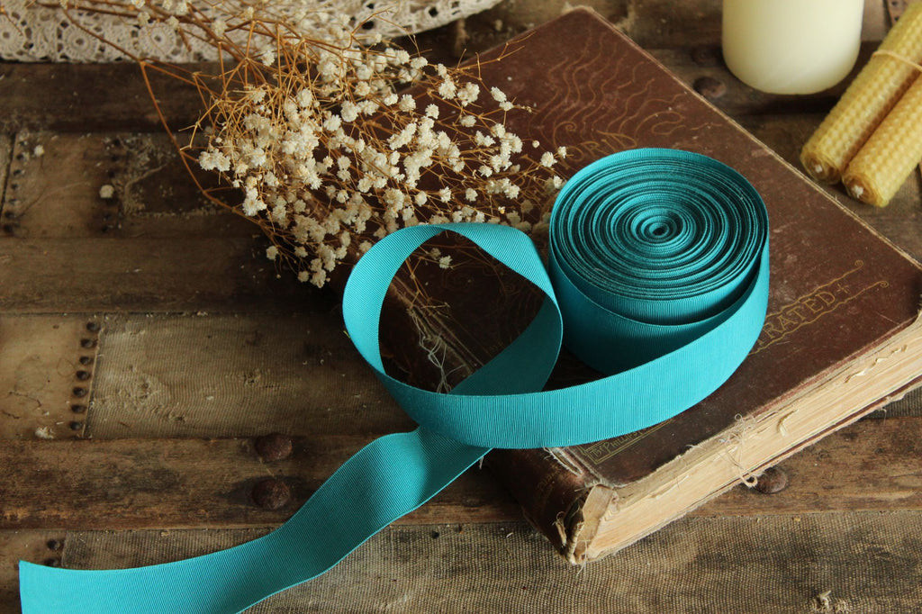Vintage Teal Blue Grosgrain Ribbon Trim 1.5" Wide, 2 Yards