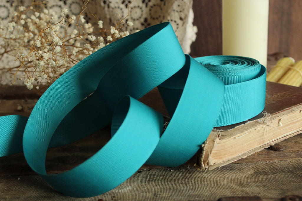 Vintage Teal Blue Grosgrain Ribbon Trim 1.5" Wide, 2 Yards