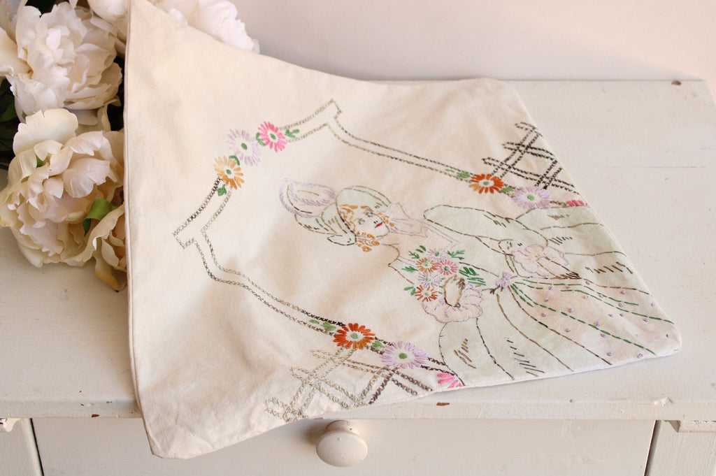 Vintage 1940s  Embroidered Lady And Flowers Pillowcase