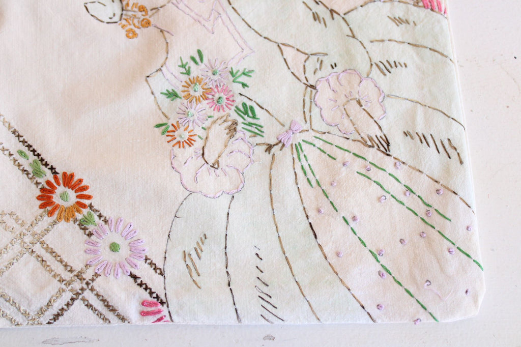 Vintage 1940s  Embroidered Lady And Flowers Pillowcase