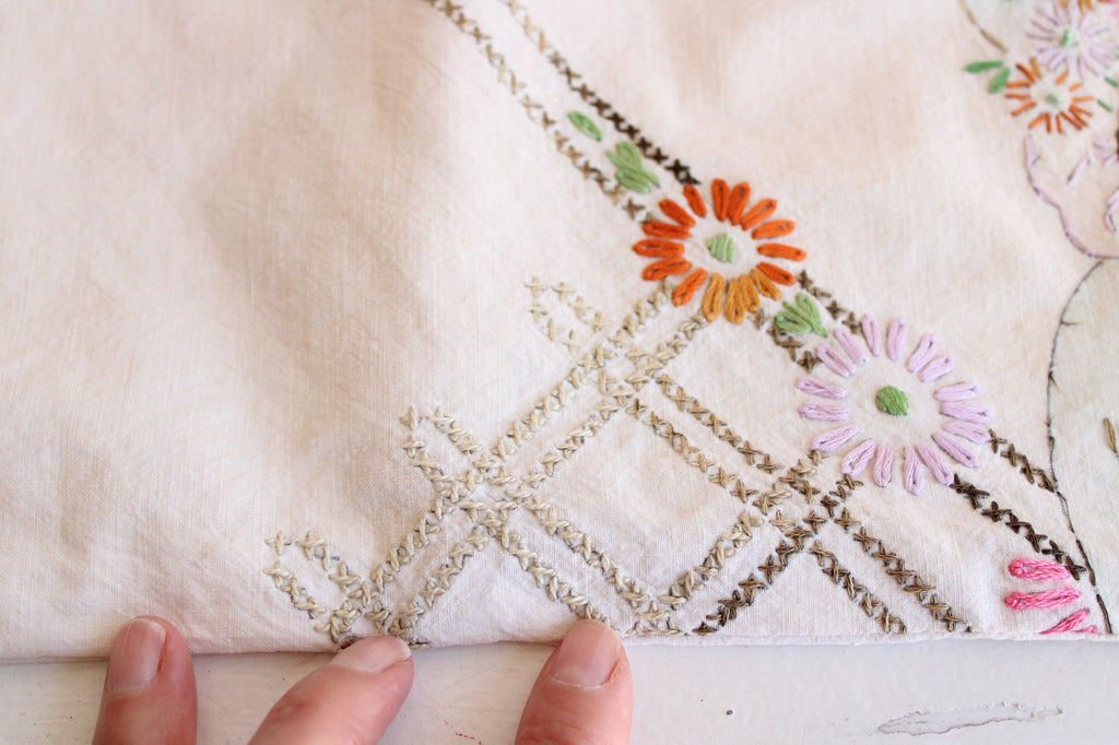 Vintage 1940s  Embroidered Lady And Flowers Pillowcase