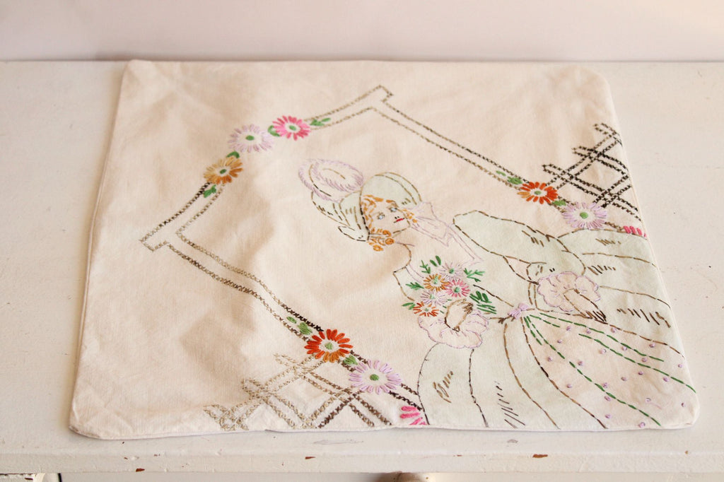 Vintage 1940s  Embroidered Lady And Flowers Pillowcase