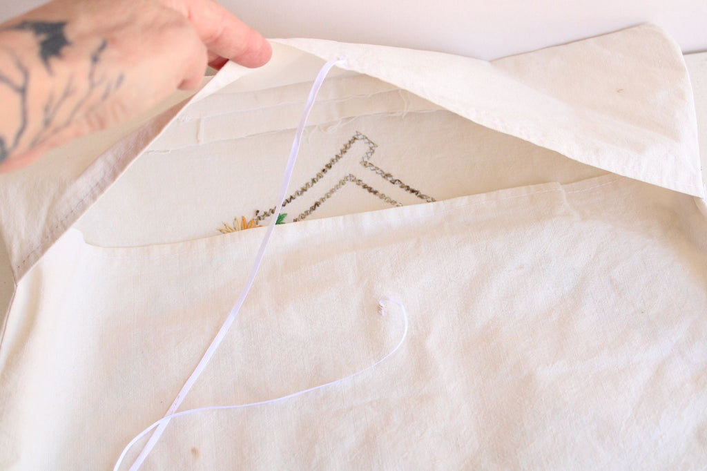 Vintage 1940s  Embroidered Lady And Flowers Pillowcase