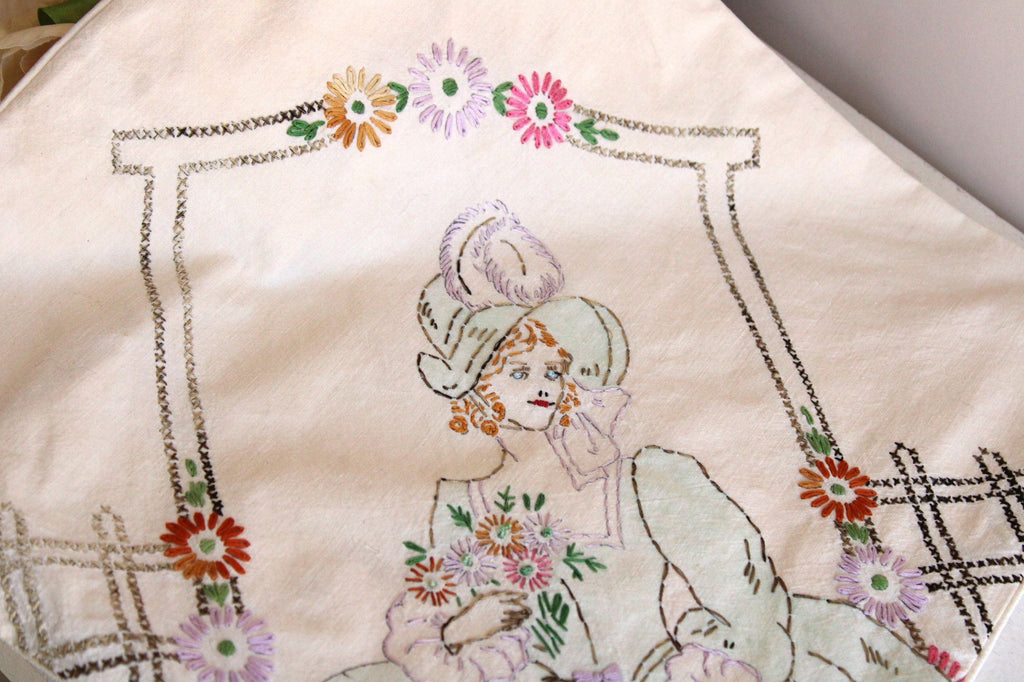 Vintage 1940s  Embroidered Lady And Flowers Pillowcase