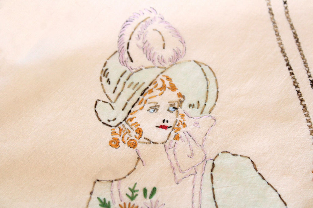 Vintage 1940s  Embroidered Lady And Flowers Pillowcase