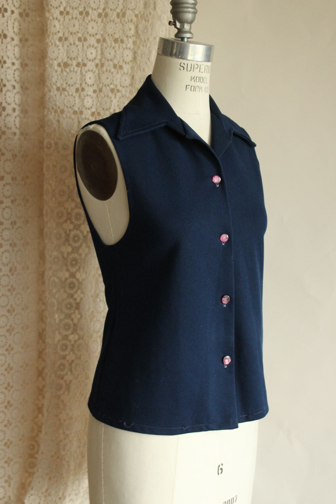 Vintage 1970s Dagger Collar Navy Blue Button Down Sleeveless Top